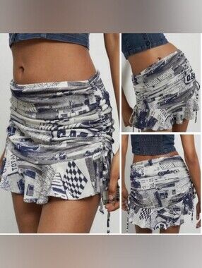 Urban Outfitters Y2K Style Race Car Graphic Ruched Adjustable Mini Skirt